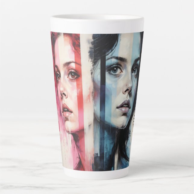 Red & Blue Duality – Twin Portraits in Abstract St Latte Mug (Front)