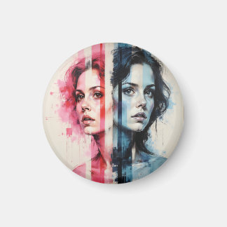 Red & Blue Duality – Twin Portraits in Abstract St Magnet