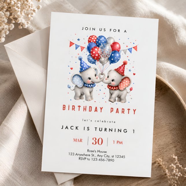 Red Blue Elephant 1st Birthday Invitation (Creator Uploaded)