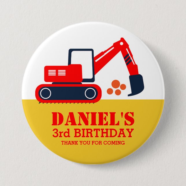 Red Blue Excavator Kids Birthday Party Button (Front)