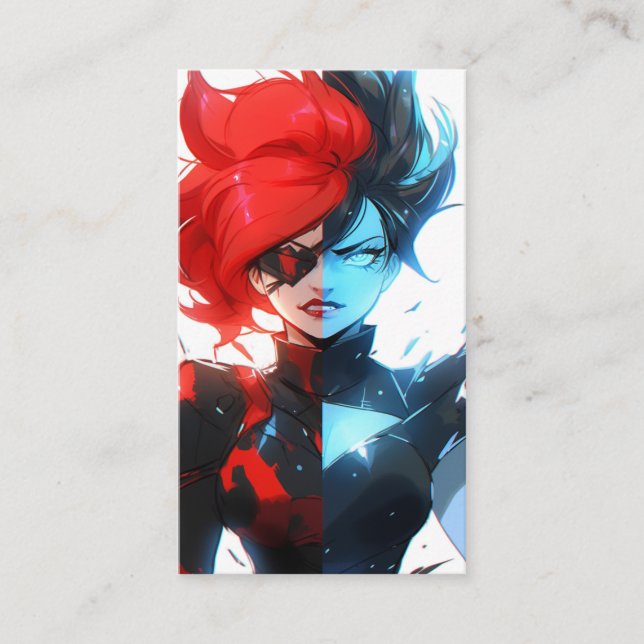 Red Blue Fire Ice Comic Style Anime Girl Business Card (Front)