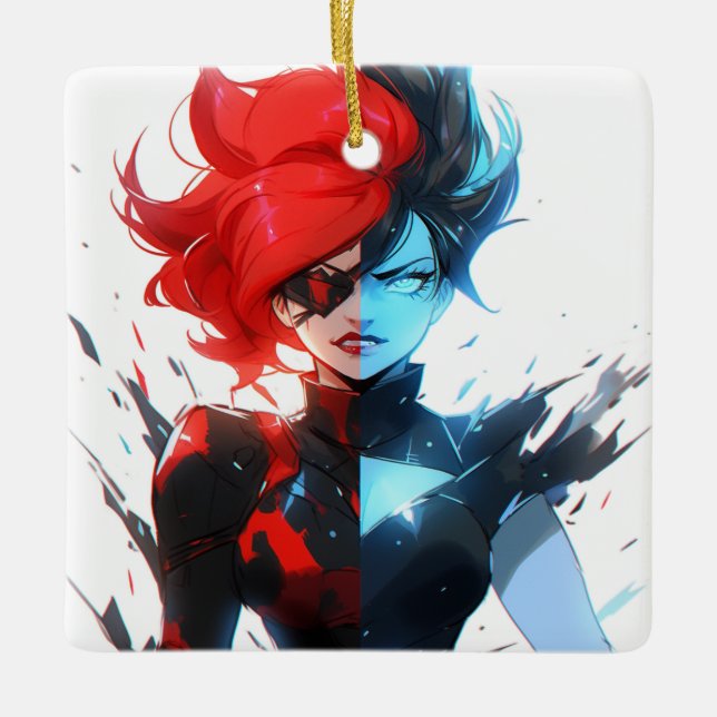 Red Blue Fire Ice Comic Style Anime Girl Ceramic Ornament (Front)