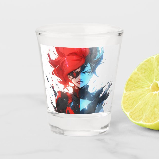 Red Blue Fire Ice Comic Style Anime Girl Shot Glass (Front)
