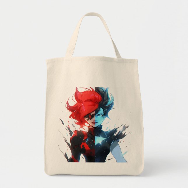 Red Blue Fire Ice Comic Style Anime Girl Tote Bag (Front)