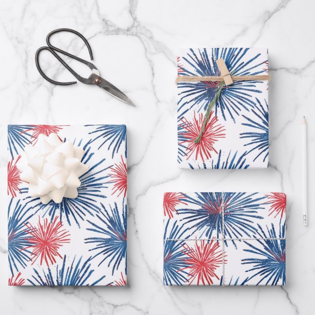 Red & Blue Fireworks on White  Wrapping Paper Sheet (Front)