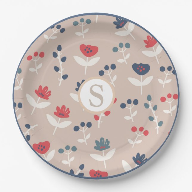 Red Blue Floral Monogram Farmhouse Pattern Paper Plate (Front)