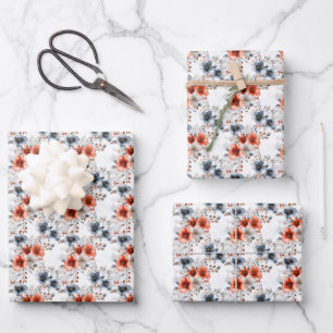 Red & Blue Floral on White  Wrapping Paper Sheet