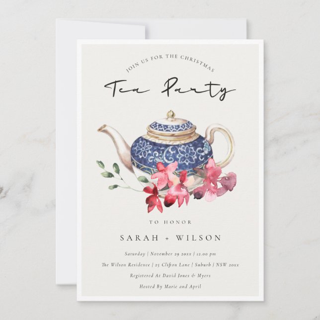Red Blue Floral Teapot Christmas Tea Party Invite (Front)