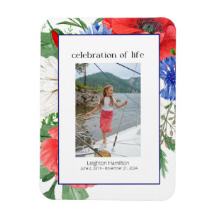 Red Blue Florals Photo Collage Funeral Magnet