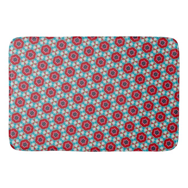 Red Blue Flower Geometric Abstract Bath Mat (Front)