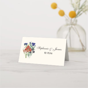 Red Blue Flowers Escort Card Place Card Ivory