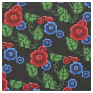 Red/blue flowers/green leaves/Folk  floral/black Fabric