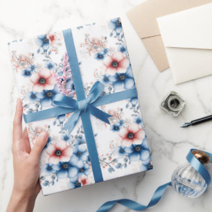 Red & Blue Flowers on White Wrapping Paper