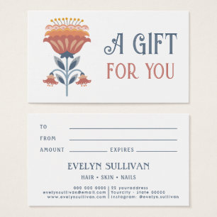 red blue folk art flower gift card