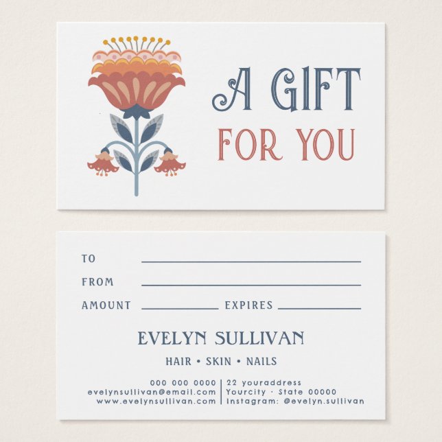 red blue folk art flower gift card (Front & Back)