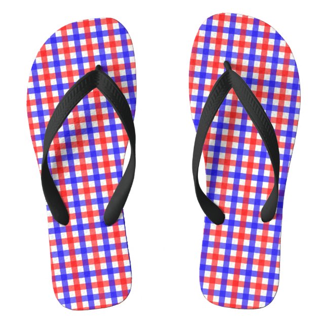 Red Blue Gingham Plaid Pattern Flip Flops (Footbed)