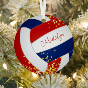red blue girls volleyball tiny stars accent metal ornament