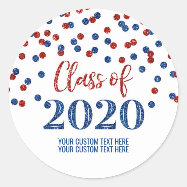 Red Blue Glitter Confetti Graduation 2020 Classic Round Sticker (Front)