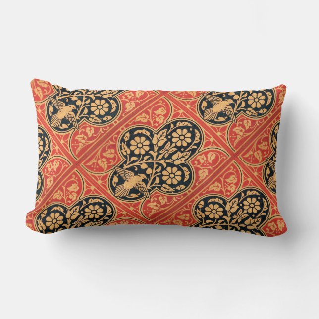 RED BLUE GOLD DAMASK FLOWERS AND WHITE BIRD LUMBAR PILLOW (Front)