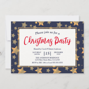Red Blue Gold Star Vintage Elegant Christmas Party Invitation