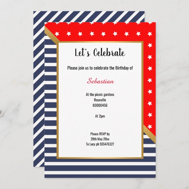 RED BLUE GOLD STARS & STRIPES BIRTHDAY INVITATION (Front/Back)