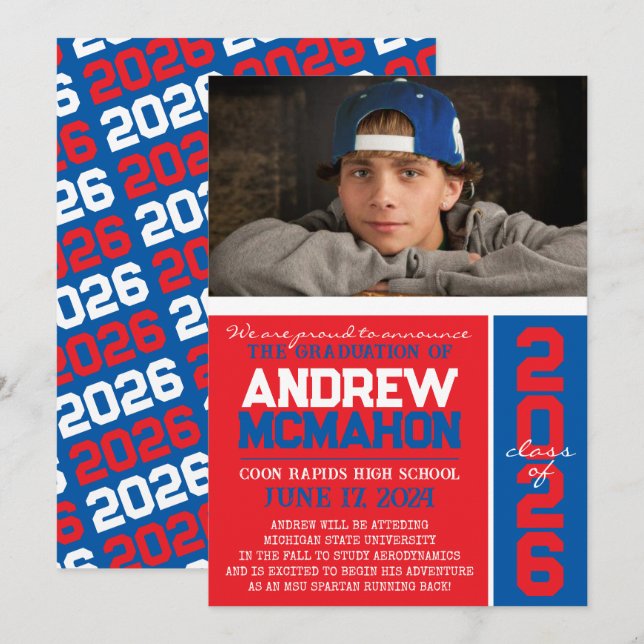 Red & Blue Graduation Photo Announcement (Front/Back)