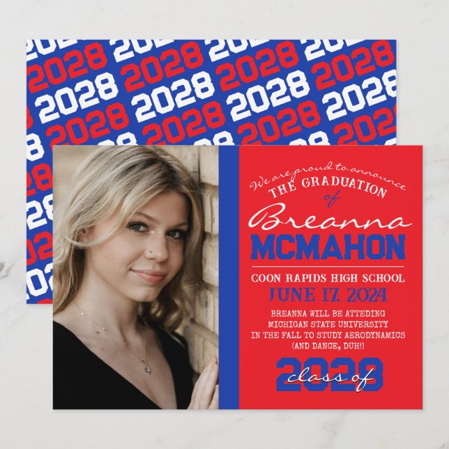 Red & Blue Graduation Photo Announcement (Front/Back)