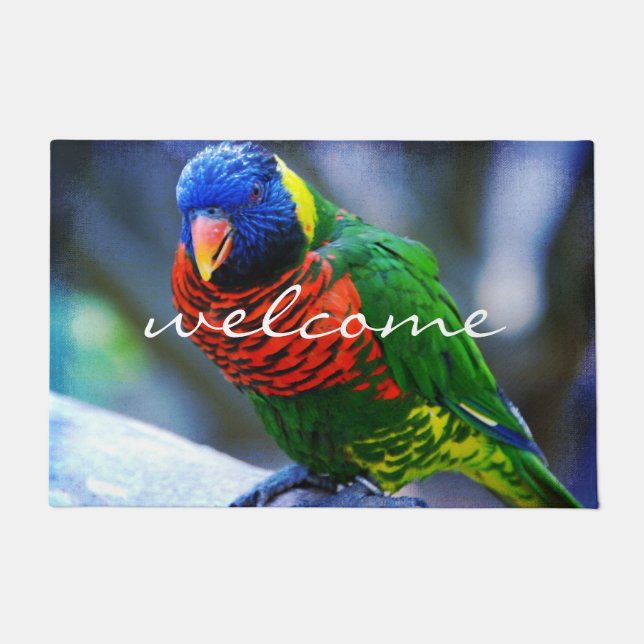 Red Blue Green Bird Photo Cute Colourful Welcome Doormat (Front)