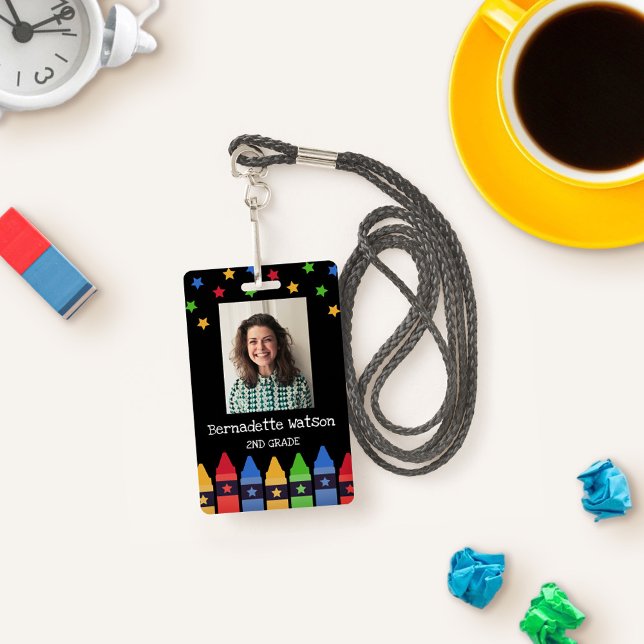 Red Blue Green Crayons Stars School Teacher ID Badge (Creator Uploaded)