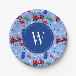 Red Blue & Green Golf Monogram Paper Plate