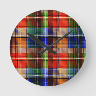 Red Blue Green Yellow Plaid Tartan Design  Round Clock