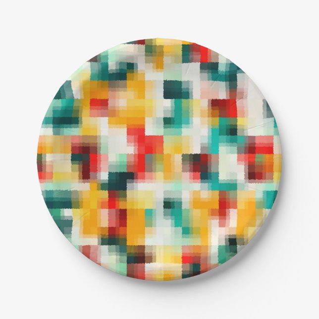 Red Blue Green Yellow White Abstract Pattern Paper Plate (Front)