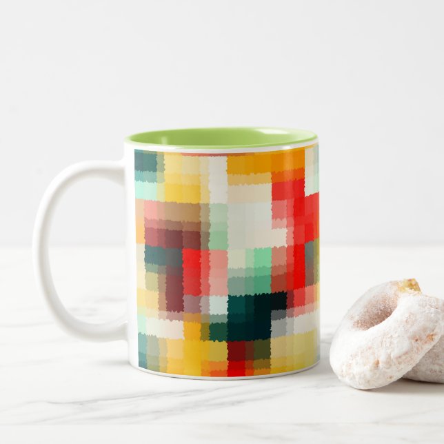 Red Blue Green Yellow White Abstract Pattern Two-Tone Coffee Mug (With Donut)