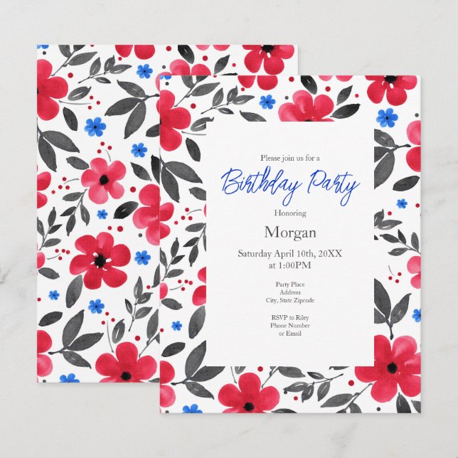Red, Blue, Grey Watercolor Flower Pattern Invitation (Front/Back)