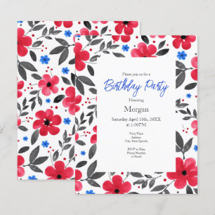 Red, Blue, Grey Watercolor Flower Pattern Invitation