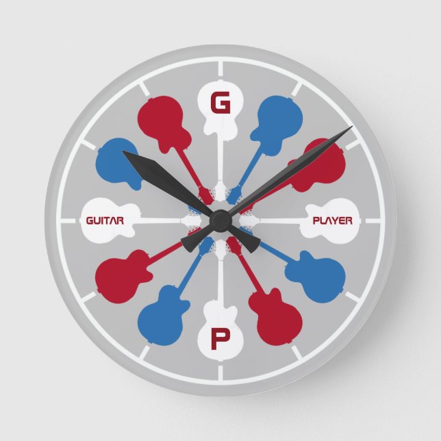 red/blue guitars . guitar player's round clock (Front)