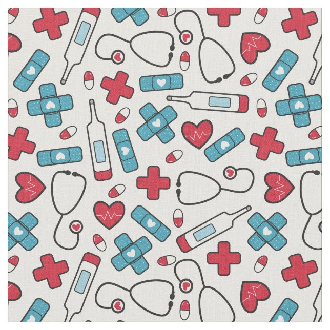 Red Blue Hearts Nurse Doctor Pattern Fabric (Close Up)