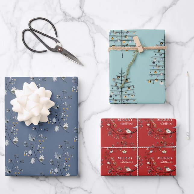 Red Blue Ice Winter Christmas Tree Wreath Holiday Wrapping Paper Sheet (Front)