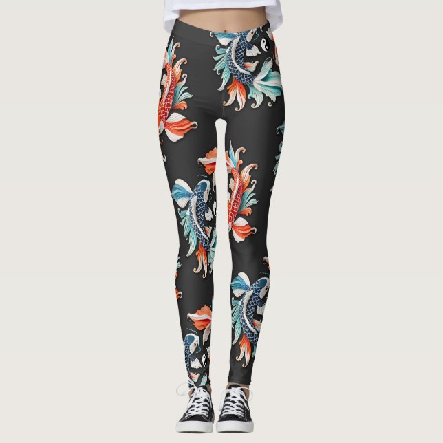 Red & Blue Koi Prosperity Yin Yang Leggings (Front)