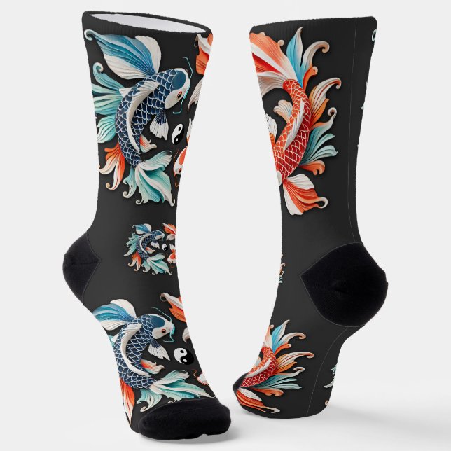 Red & Blue Koi Prosperity Yin Yang Socks (Angled)