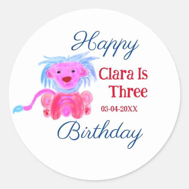 RED BLUE LION WILD ANIMAL BIRTHDAY THREE ADD NAME  CLASSIC ROUND STICKER (Front)
