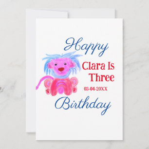 RED BLUE LION WILD ANIMAL BIRTHDAY THREE ADD NAME  HOLIDAY CARD