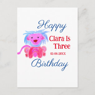RED BLUE LION WILD ANIMAL BIRTHDAY THREE ADD NAME POSTCARD