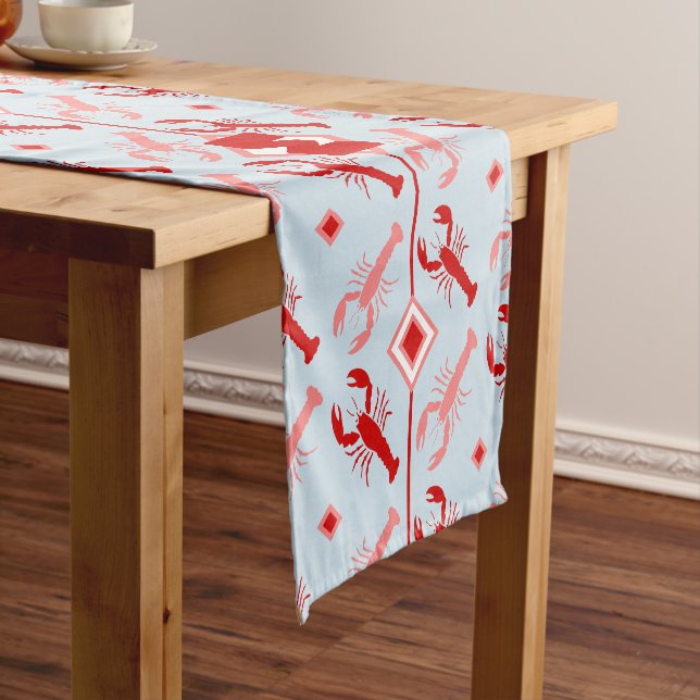 Red & Blue Lobster & Monogram | Coastal Sea Life Short Table Runner (In Situ)