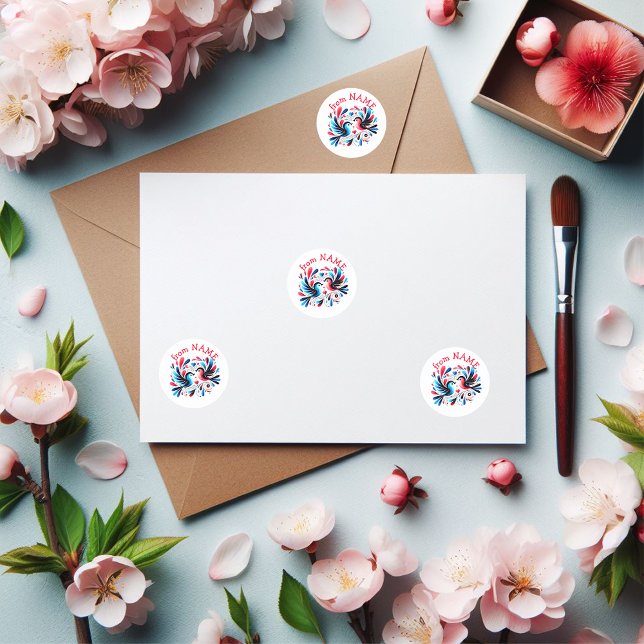 Red/blue love birds fun classic round sticker (Cute stickers for Valentine's Day fun.)