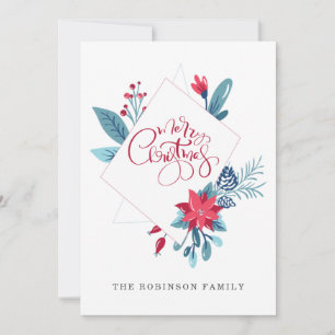 Red Blue Merry Christmas Floral Frame Holiday Card