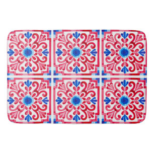 Red & Blue Mexican Traditional Floral Talavera  Bath Mat