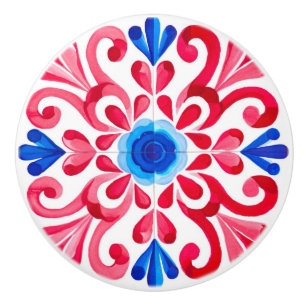 Red & Blue Mexican Traditional Floral Talavera  Ceramic Knob