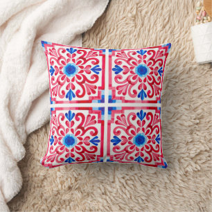 Red & Blue Mexican Traditional Floral Talavera  Throw Pillow