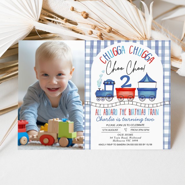 Red Blue Modern Arch Photo Train Birthday Invitation (Blue and Red Train Birthday Invitation for Boy , Chugga Chugga Train Birthday Invite, Train Themed)